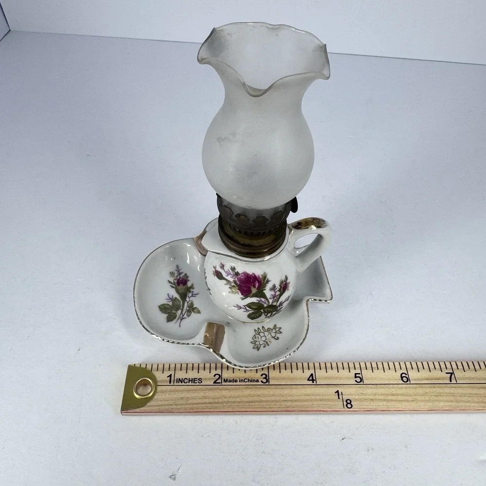 Vintage Miniature Finger Oil Lamp Porcelain‎ Floral Base Milk Glass Chimney